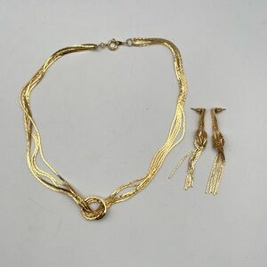 Vintage Knot Gold Tone Glam Necklace 17.5” Pierced With Dangle Fringe Earrings